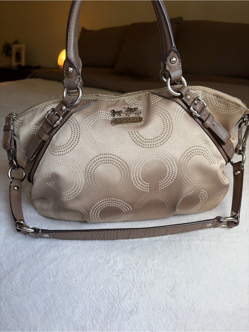Coach Taupe Signature Circle-Print Satchel with Leather Trim